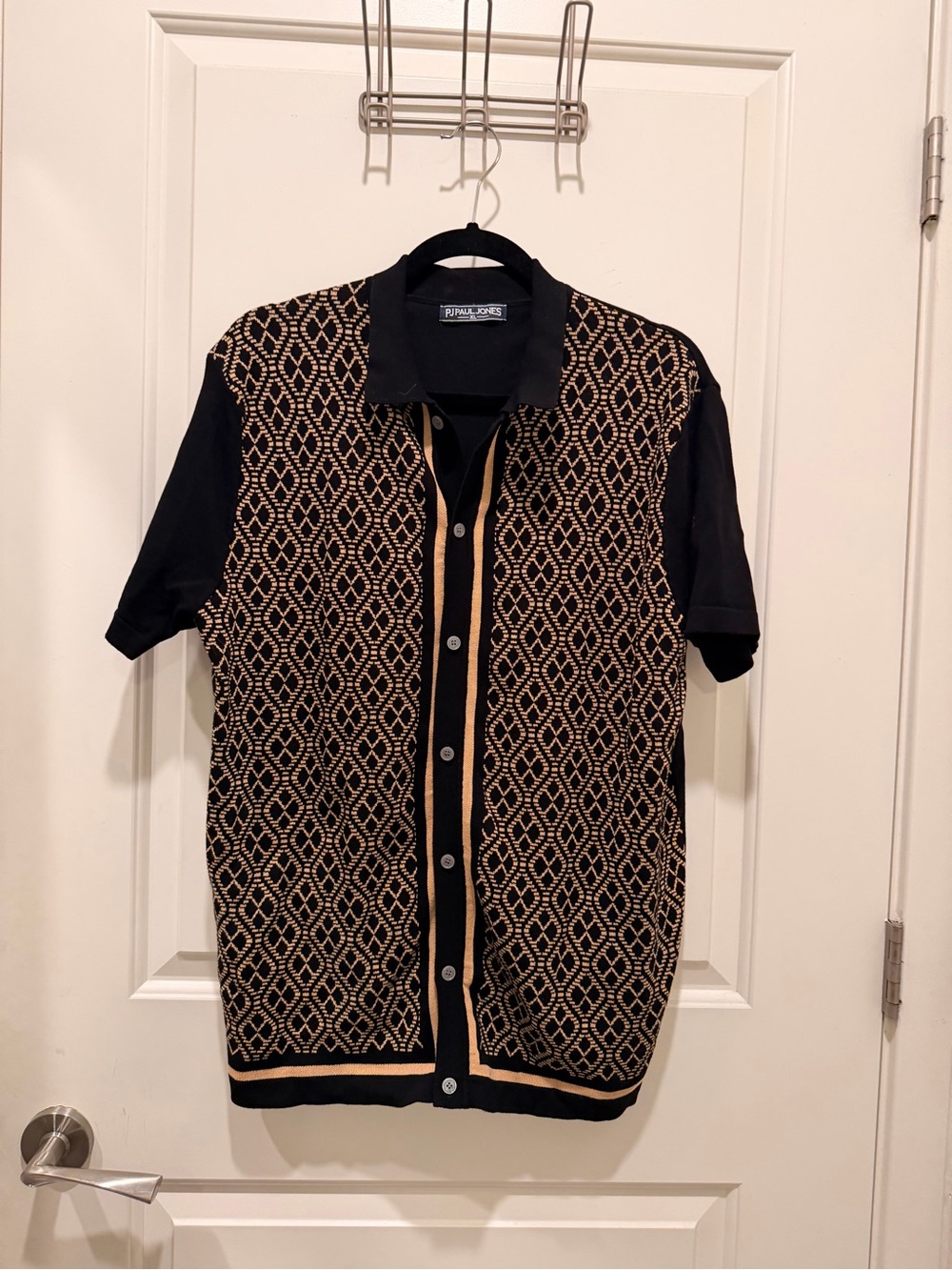 PJ Paul Jones Men's Vintage Geometric Knit Short Sleeve Button Down Polo Shirt